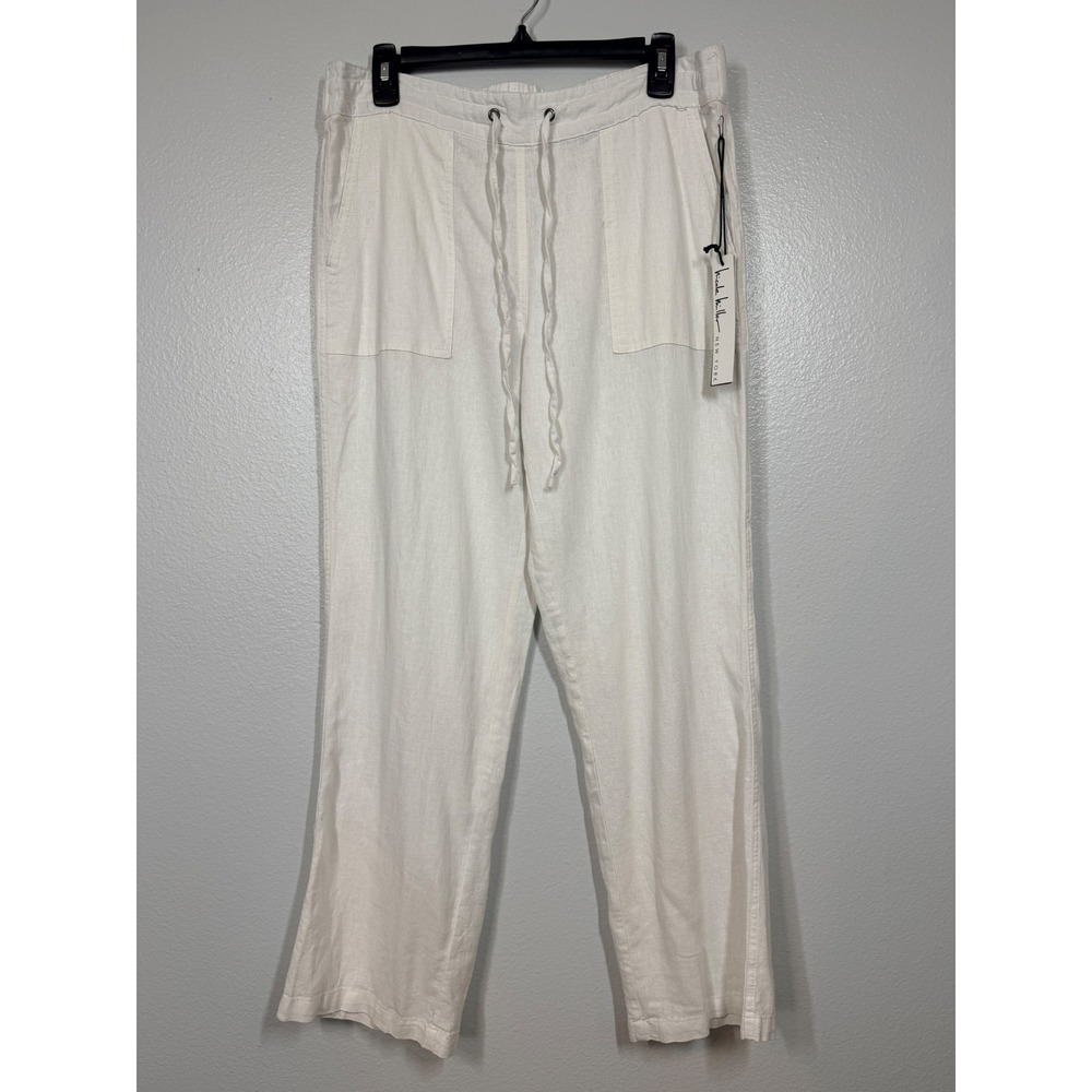 NWT Nicole Miller Linen Blend Pants Women Large White Drawstring Relaxed Fit